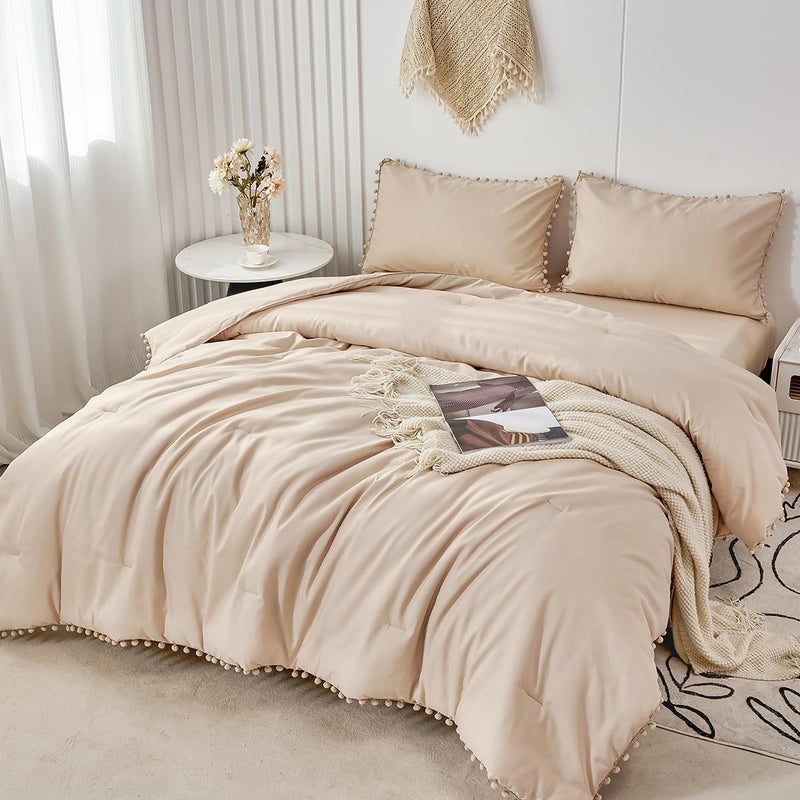 PERFEMET PERFEMET 5 Pcs Khaki Comforter Queen Size90x90inch Boho Chic Pom Pom Fringe Bedding Comforter Set with Sheets Soft Solid Bed in a Bag for Girls AdultsKhaki Queen 