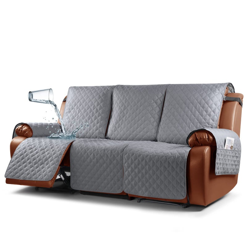 Ruaozz Waterproof Recliner Sofa Cover 1Piece Couch Covers for Reclining Couches Reclining Sofa Cover Washable Furniture Protector with Elastic Straps Pocket for Kids Pets Light Grey 3 Seater