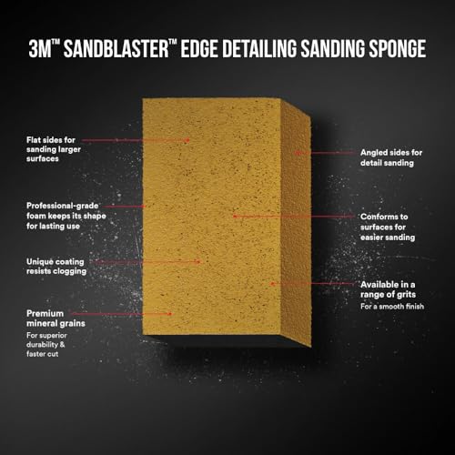 3M SandBlaster Dual Angle Bare Surfaces Sanding Sponge, 180 Grit, For Wet Or Dry Use, Professional-Grade Foam Keeps Its Shape For Lasting Use, Premium Mineral Grits For Effective Hand Sanding (9564) - Image 2