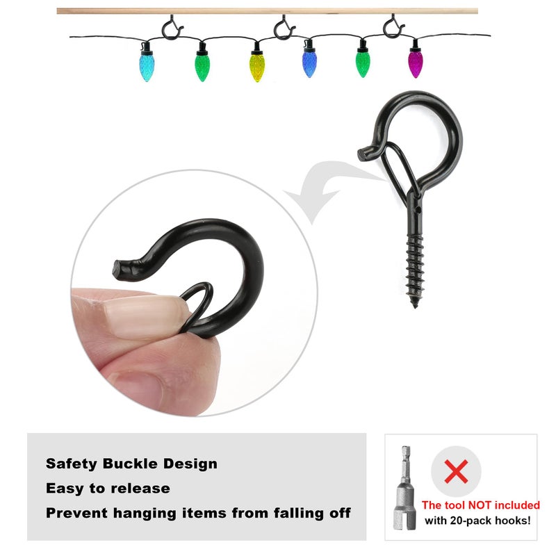 PlusRoc 20 Pack Ceiling Hooks for Hanging Plants Outdoor String Lights Heavy Duty, 2.2 Inch Eye Hook Screw in Cup Hooks Q-Hanger for Patio Lights, Wall Wood Fence Deck Mount(Black) - Image 2