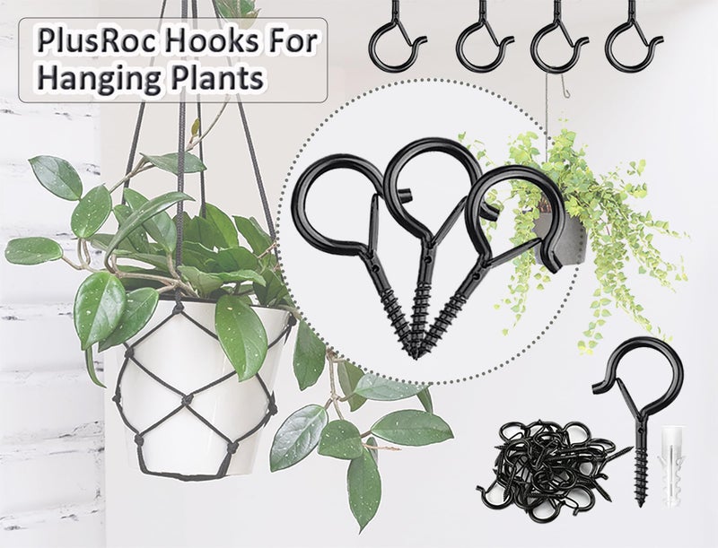 PlusRoc 20 Pack Ceiling Hooks for Hanging Plants Outdoor String Lights Heavy Duty, 2.2 Inch Eye Hook Screw in Cup Hooks Q-Hanger for Patio Lights, Wall Wood Fence Deck Mount(Black) - Image 3