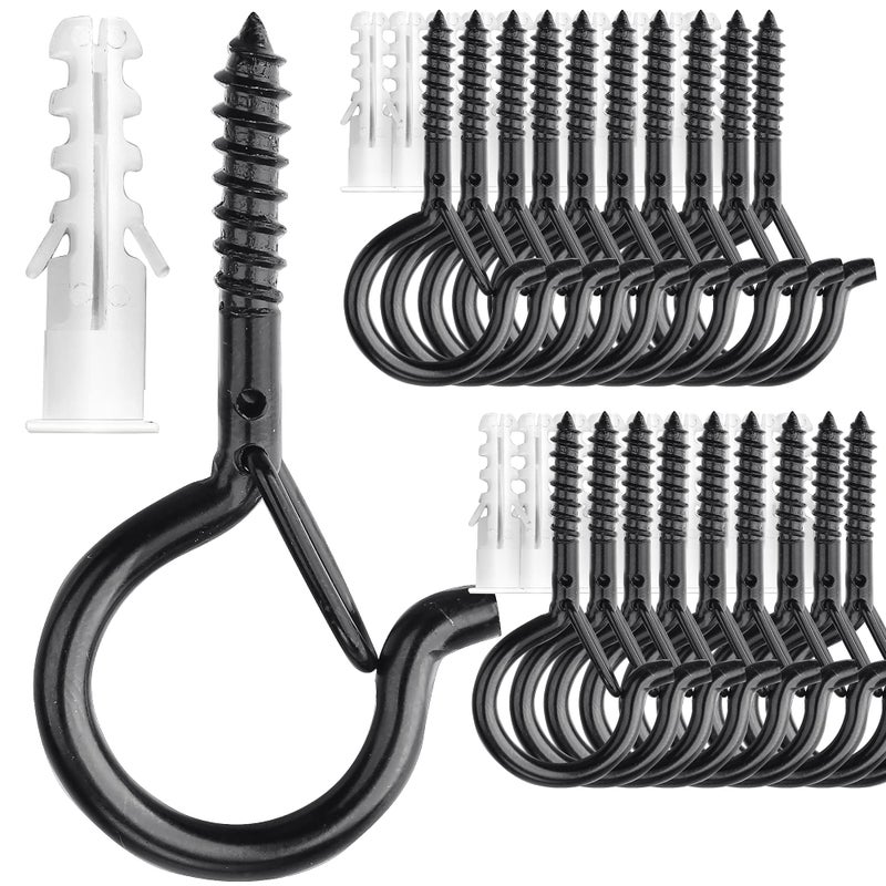 PlusRoc 20 Pack Ceiling Hooks for Hanging Plants Outdoor String Lights Heavy Duty, 2.2 Inch Eye Hook Screw in Cup Hooks Q-Hanger for Patio Lights, Wall Wood Fence Deck Mount(Black) - Image 1