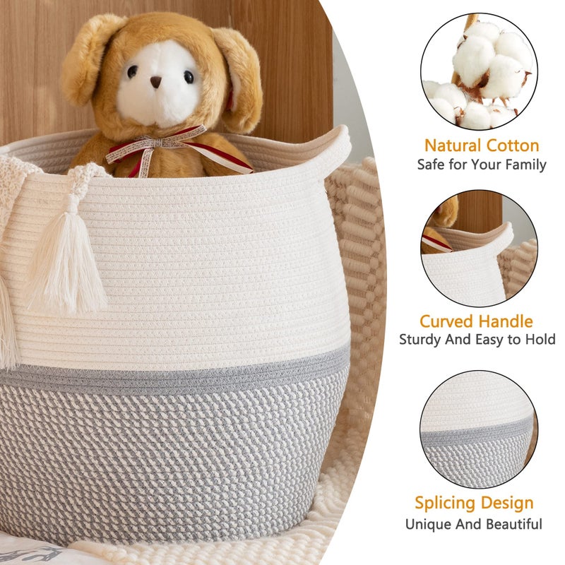 KAKAMAY Woven Baskets for Storage(17"x17"),Large Cotton Rope Woven Baby Laundry Hamper,Collapsible Laundry Basket, Blanket Basket for Organizing Living Room,Nursery,Pillows,Toy Chest(Grey) - Image 2