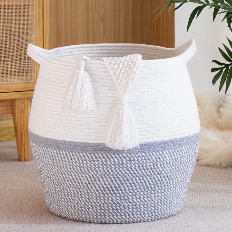 KAKAMAY Woven Baskets for Storage(17"x17"),Large Cotton Rope Woven Baby Laundry Hamper,Collapsible Laundry Basket, Blanket Basket for Organizing Living Room,Nursery,Pillows,Toy Chest(Grey) - Image 1