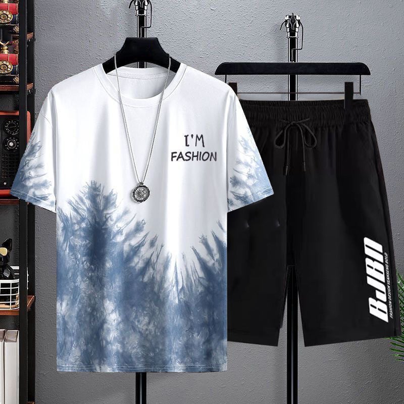 New Gradient Quick-Dry Mens T-shirt  Shorts Set Blue pine short sleeve-suit
