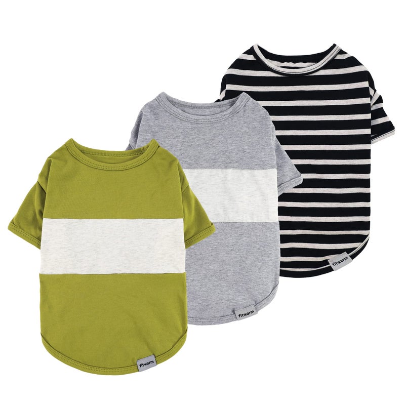 Fitwarm 3 Pack Color Block Striped Dog Shirt, Summer Dog Clothes for Small Dogs, Breathable Lightweight Pet Tshirt with Sleeves, Cat Outfit, Oliver Green, Grey, Black, XL - Image 1