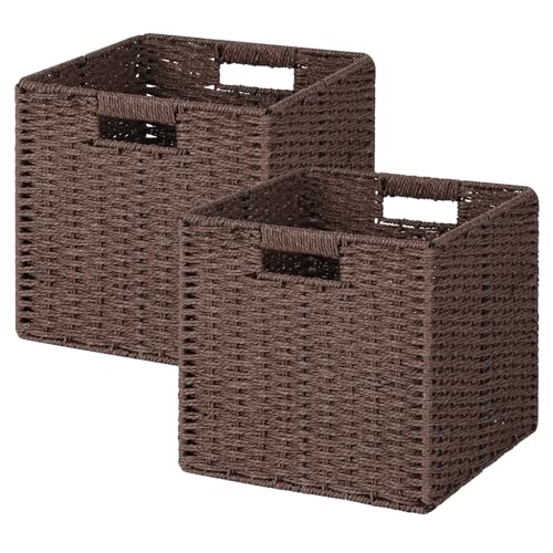 Patvingot Woven Wicker Storage Baskets 2-Pack, 11x11 Handwoven Paper Rope Organizer Bins, Foldable Cube Storage Cubes with Built-in Handles for Shelves and Closet Organization(Dark Brown） - Image 1