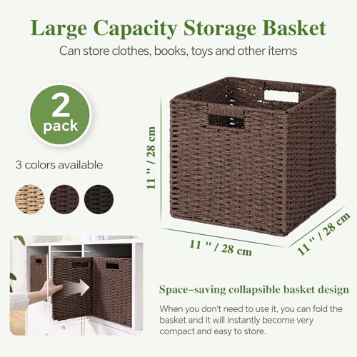 Patvingot Woven Wicker Storage Baskets 2-Pack, 11x11 Handwoven Paper Rope Organizer Bins, Foldable Cube Storage Cubes with Built-in Handles for Shelves and Closet Organization(Dark Brown） - Image 2