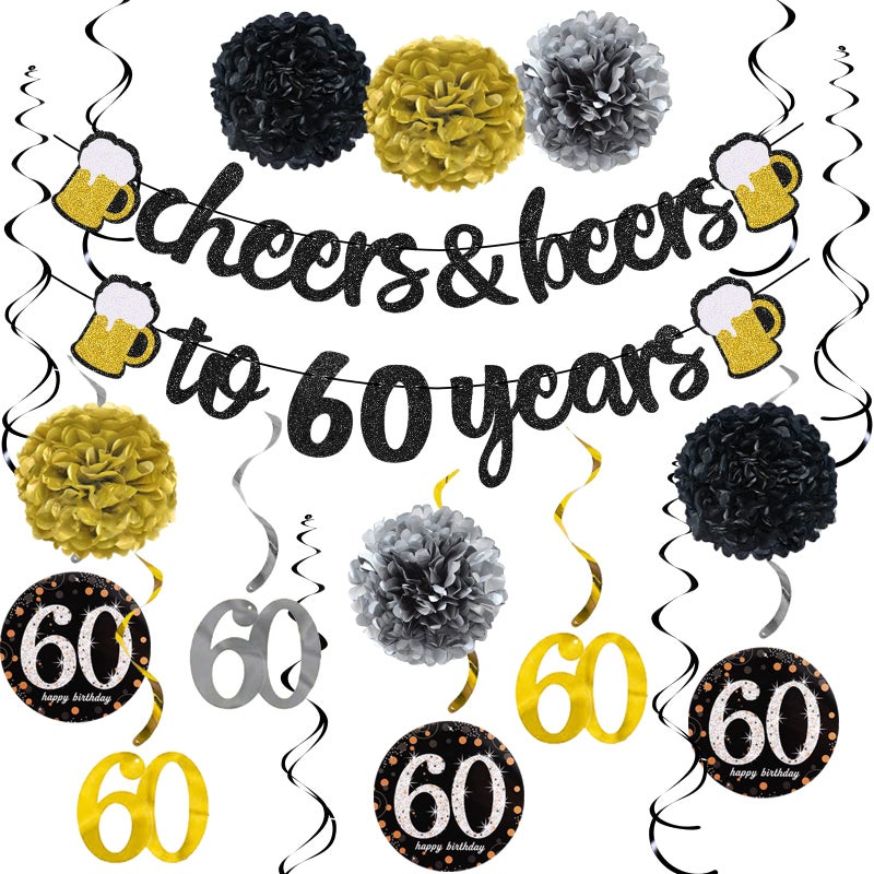 60th Birthday Decorations Kit for Men Women Cheers to 60 Years Banner with Pom Poms Flowers 60th Sparkling Hanging Swirl Decorations for 60th Birthday Wedding Party Supplies Decorations