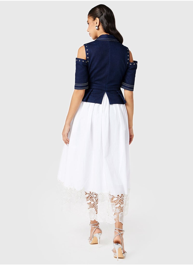 Threadz by Ajooni - Denim Jacket Schiffili Hem Dress - Image 1
