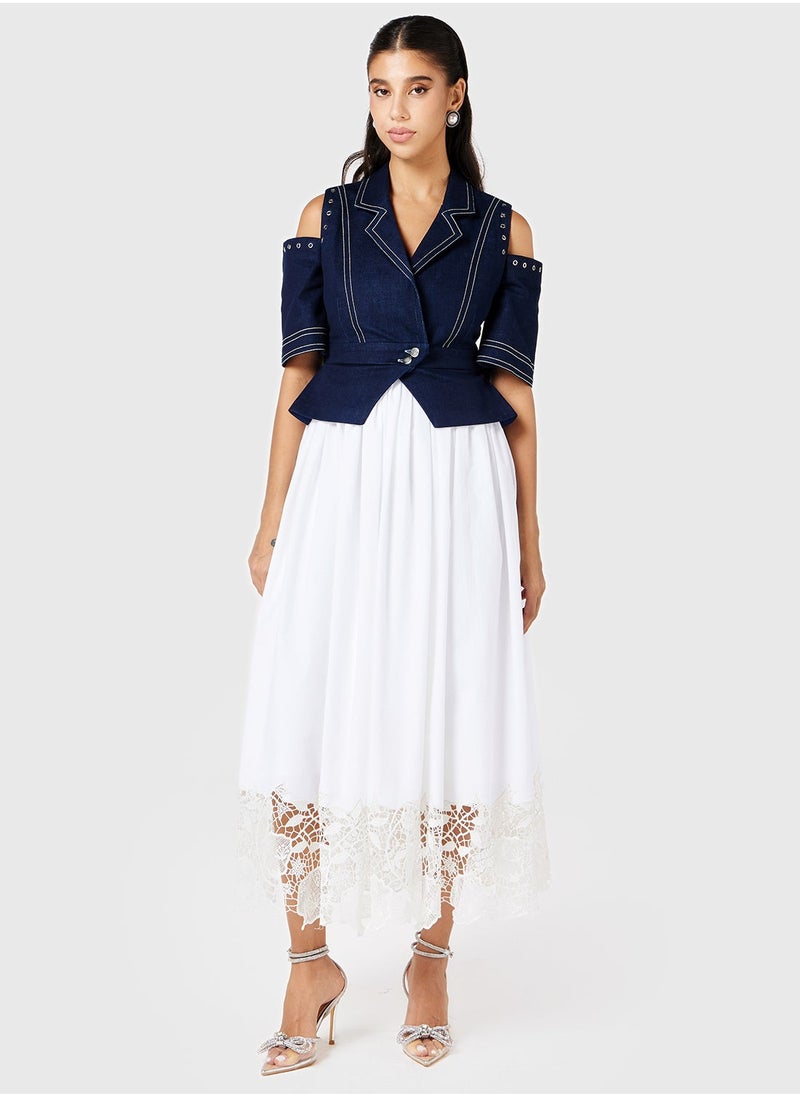 Threadz by Ajooni - Denim Jacket Schiffili Hem Dress - Image 1