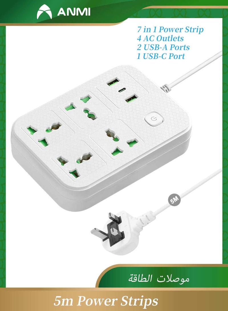 Anmi Power Strips Extension Cord 4 Sockets Universal Plug Adapter with 1 Type C ,2 USB Ports Surge Protector Charging Socket with 5M Bold Extension Cord (White) - Image 1