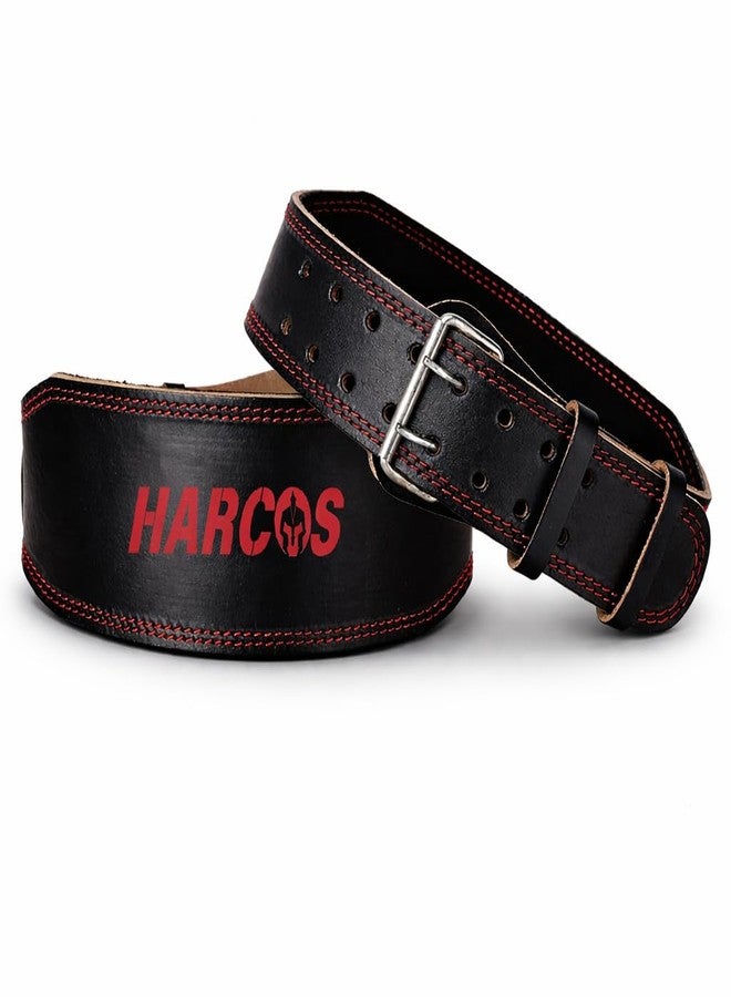 Harcos Premium Leather Gym Belt - Maximum Support & Durability Weightlifting Belt for Bodybuilding, Squatting, Lower Back Support & Back Pain - Real Leather, Adjustable Buckle Sizing - Men Women 4.5 MM thickness (Black-Red, Small) - Image 1