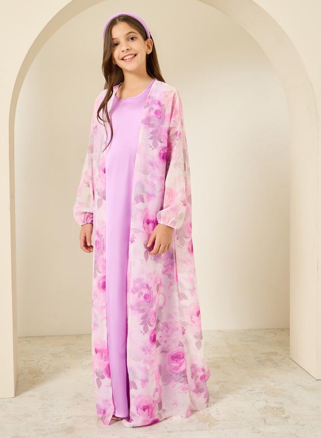 Styli Girls Lilac Printed Abaya with Inner Dress - Image 1