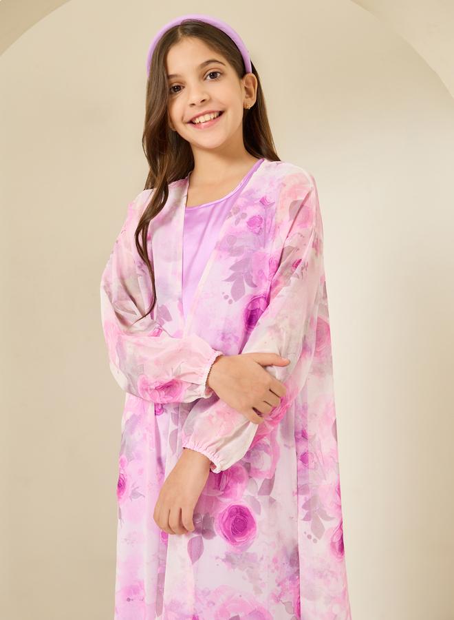 Styli Girls Lilac Printed Abaya with Inner Dress - Image 2