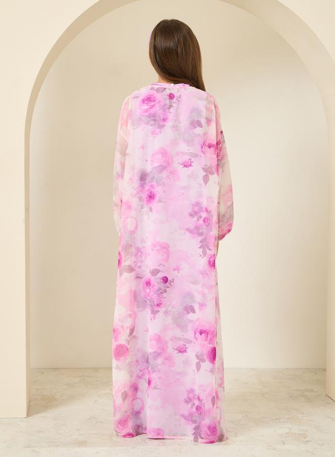 Styli Girls Lilac Printed Abaya with Inner Dress - Image 4