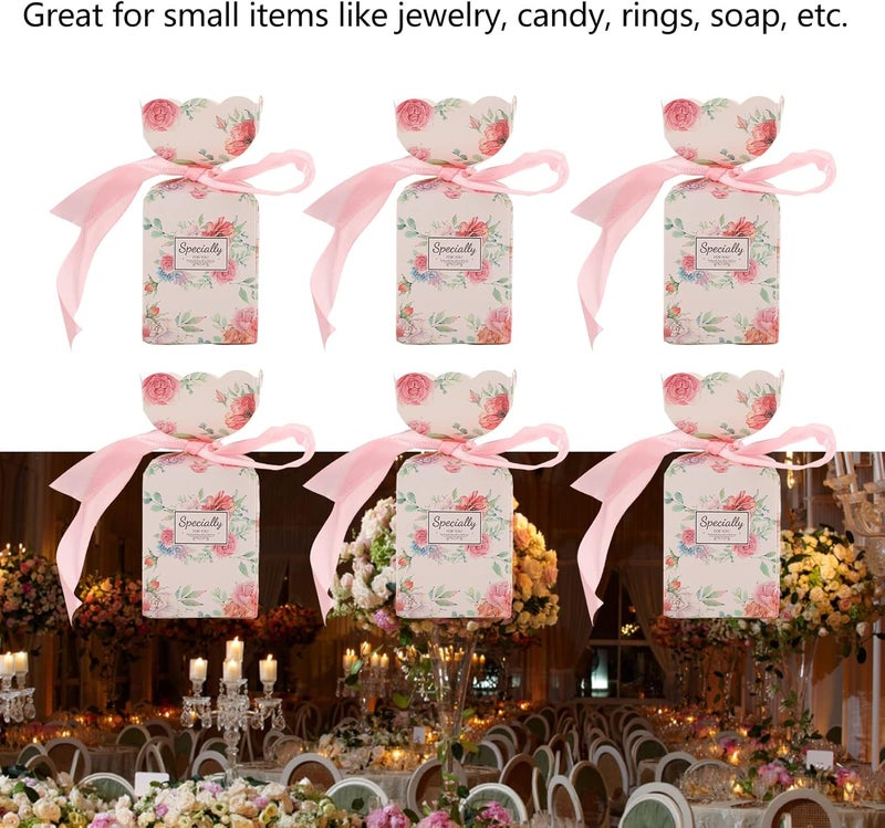 woobles 50 Set Wedding Favor Boxes, Crafts Wedding Gift Boxes with Bows Decor Floral Pattern Retro Style Easy Assemble Boxes Party Favors for Wedding Bridal Shower Decoration (Pink HM2251304)- - Image 4