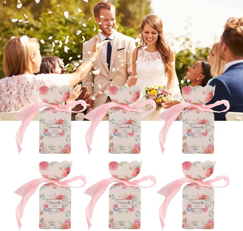 woobles 50 Set Wedding Favor Boxes, Crafts Wedding Gift Boxes with Bows Decor Floral Pattern Retro Style Easy Assemble Boxes Party Favors for Wedding Bridal Shower Decoration (Pink HM2251304)- - Image 1