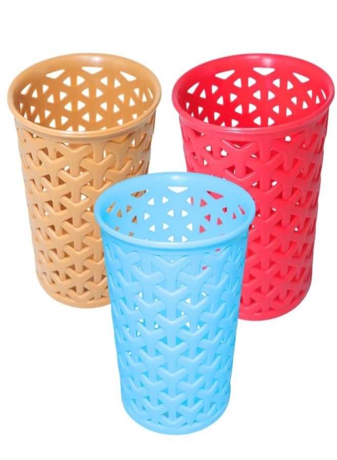 MORVI Linea Big Round Plastic Multipurpose Organizer For Kitchen, Bathroom, Salon, Office|Stationery,Cutlery,Pen,Makeup Brushes Holder|Hanging Toothbrush Stand |Pack Of 3 | CAMEL BLUE RED - Image 1