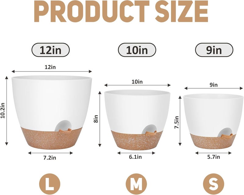 YNNICO 12" 10" 9" Large Self Watering Plant Pots, 3 Pack Flower Pots Planters with Multi Mesh Drainage Holes for Indoor Outdoor Garden Plants and Flowers. - Image 2