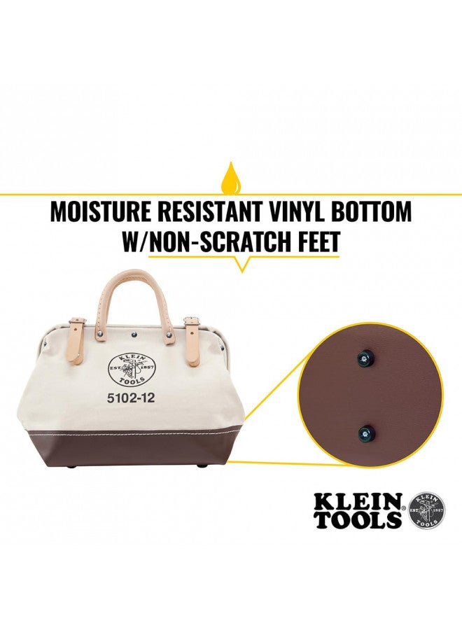 Klein Tools 5102-12 Heavy Duty Natural Canvas Tool Bag, Tool Tote, Multi-Purpose Bag with Wide Hinged Opening and Leather Handles, 12-Inch - Image 2