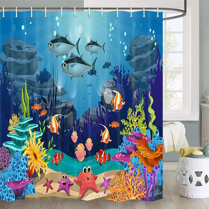 JAWO Ocean Underwater World Shower Curtain for Kids Tropical Fish Shower Curtain Turtle Coral in The Deep Sea Shower Curtain Waterproof Fabric 72X72 12PCS Hooks Include
