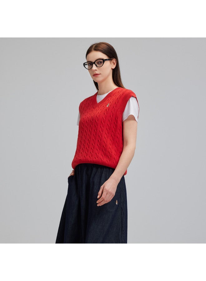 Hush Puppies إصدار رأس السنة 25 خريف/شتاء وصول جديد بسيط متعدد الاستخدامات موضة قطن على شكل حرف V سترة كابل محبوكة صدرية للنساء - Image 4