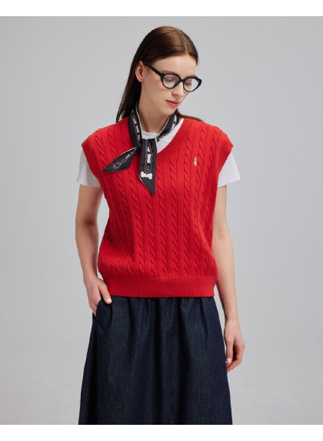 Hush Puppies إصدار رأس السنة 25 خريف/شتاء وصول جديد بسيط متعدد الاستخدامات موضة قطن على شكل حرف V سترة كابل محبوكة صدرية للنساء - Image 1