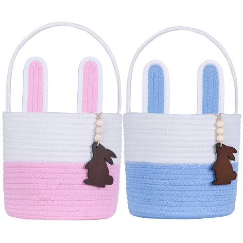 K-MLICE Easter Basket Empty 2 PCS Bunny Woven Rope Easter Baskets for Kids Easter Hunt Baskets with Handle Bags Easter Gifts for Kids Toddlers Girls Boys Teens Set of 2 Blue and Pink - Image 1