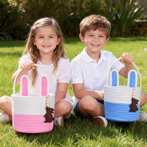 K-MLICE Easter Basket Empty 2 PCS Bunny Woven Rope Easter Baskets for Kids Easter Hunt Baskets with Handle Bags Easter Gifts for Kids Toddlers Girls Boys Teens Set of 2 Blue and Pink - Image 4