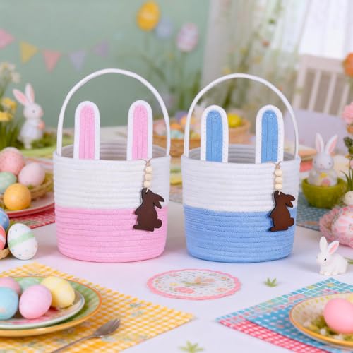 K-MLICE Easter Basket Empty 2 PCS Bunny Woven Rope Easter Baskets for Kids Easter Hunt Baskets with Handle Bags Easter Gifts for Kids Toddlers Girls Boys Teens Set of 2 Blue and Pink - Image 3