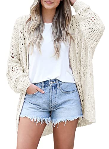 Ermonn Womens Crochet Cardigan Kimono Boho Long Sleeve Lightweight Soft Oversized Open Front Knitted Sweater Cream White - Image 5
