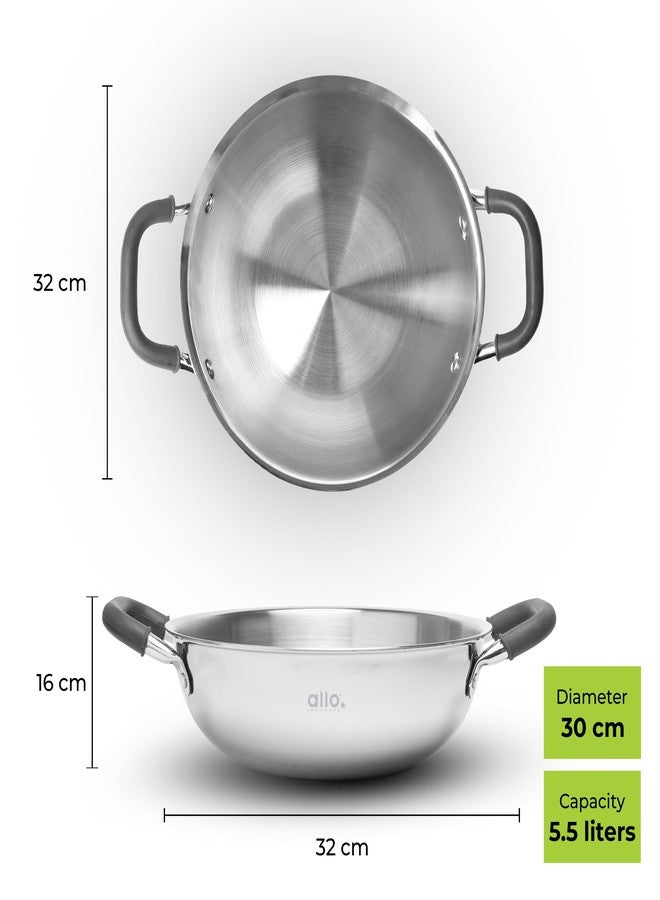 Allo Triply Stainless Steel Kadhai with Handles|Perfect Kadhai for Curry/Stir-Fry/Deep-Fry/DryVeg/Saute Induction Friendly Naturally Non-Stick | 10 Years Warranty, 30cm, 5.5 litres Without lid - Image 2
