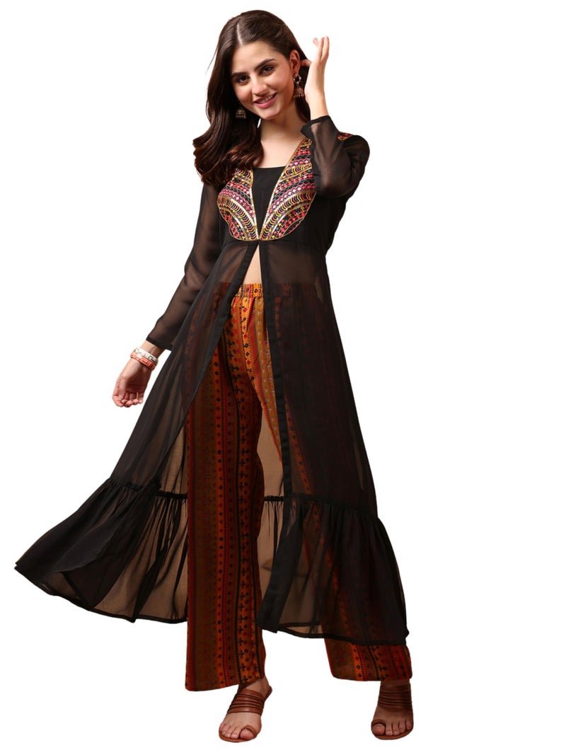 EthnicJunction Women's Georgette Embroidered High Front Slit A-Line Co-ords Set | Kurta Palazzo Set | Fusion Wear Kurta Set - Image 1
