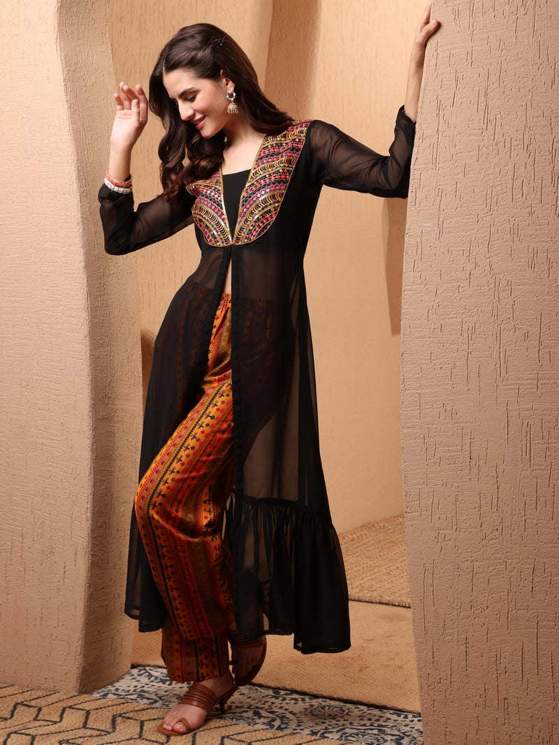 EthnicJunction Women's Georgette Embroidered High Front Slit A-Line Co-ords Set | Kurta Palazzo Set | Fusion Wear Kurta Set - Image 3