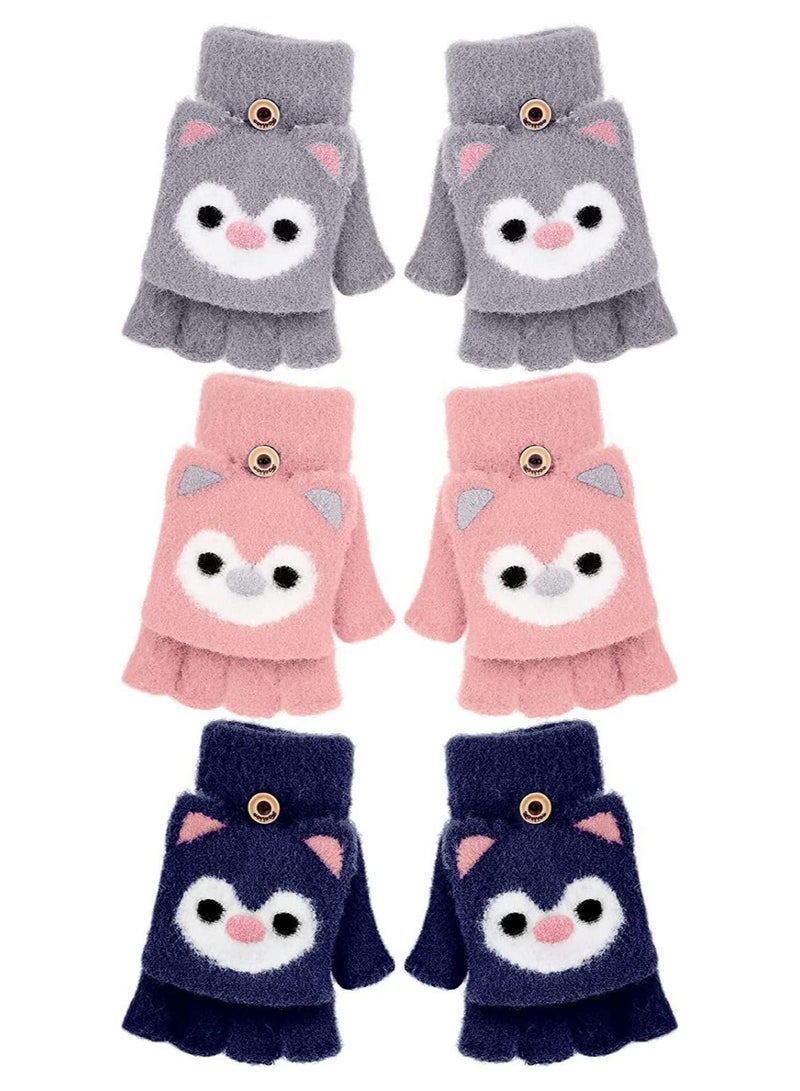 Y&D 3 Pairs Kids Fingerless Gloves Convertible Flip Top Winter Warm Knit Half Finger Mitten for Boy Girls 5-10 Years  - Image 1