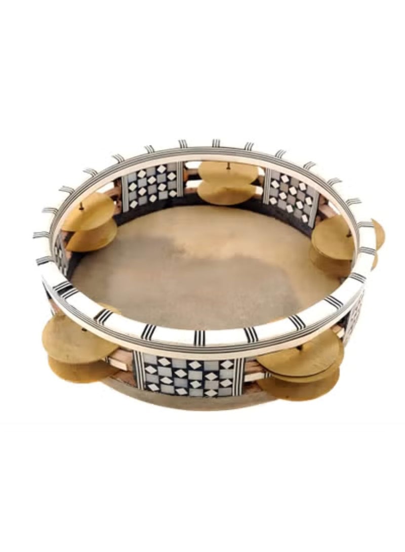 Oriental Wooden Riq Tambourine Req Traditional Egyptian Hand Drum Handmade Req Vintage Handheld Percussion Musical Instrument Cultural Crafts Souvenir Gift Decor with 16cm Rawhide Drumhead & Jingles - Medium - Image 2