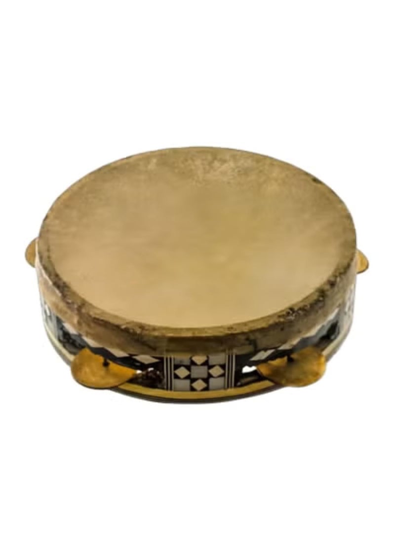 Oriental Wooden Riq Tambourine Req Traditional Egyptian Hand Drum Handmade Req Vintage Handheld Percussion Musical Instrument Cultural Crafts Souvenir Gift Decor with 16cm Rawhide Drumhead & Jingles - Medium - Image 1