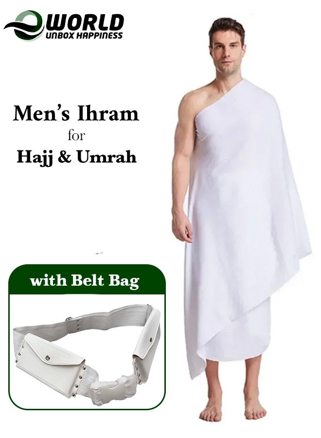 Eworld Ihram Towel with Belt Bag – 2-Piece Islamic Men's Towel Set – Soft Ahram/Ehram Towel – Absorbent Ritual Towels – Hygienic Pilgrimage Towels – Comfortable Hajj & Umrah Essentials – White - Image 1