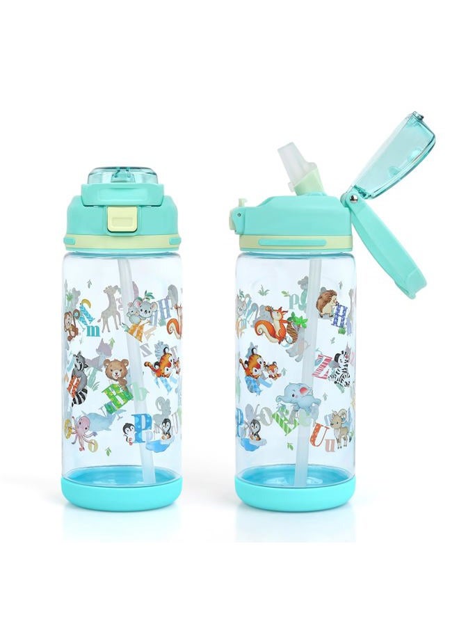 Decalsweet Children's Water Bottle, Leak-Proof, 600 ml Kindergarten with Straw, Safe Locking, Children's Bottle for School & Sport, Sports Bottle for Girls and Boys (Blue Animals) - Image 1