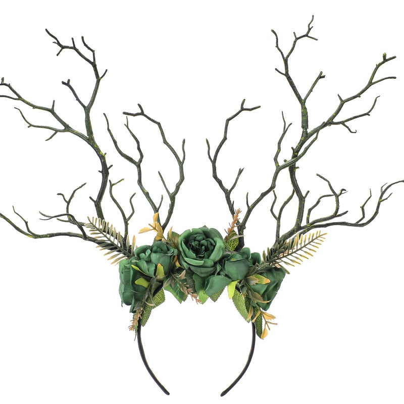 MOSTORY Green Woodland Branch Headband Fairy Forest Headband with Flowers Floral Antler Headpiece for Women Witch Renassance Costume Halloween Renfaire Outfit Cosplay Photo Shoot - Image 2