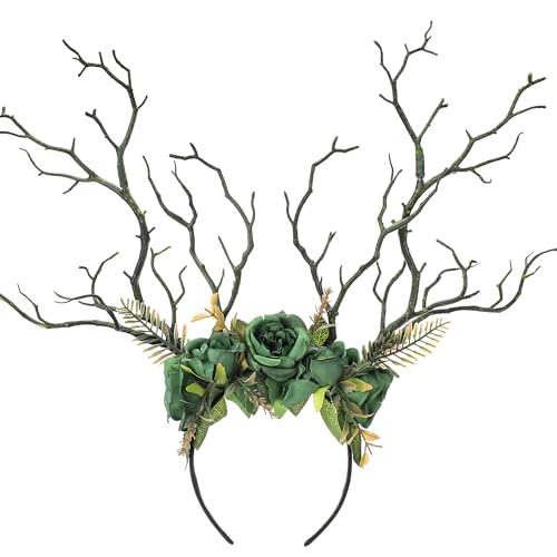 MOSTORY Green Woodland Branch Headband Fairy Forest Headband with Flowers Floral Antler Headpiece for Women Witch Renassance Costume Halloween Renfaire Outfit Cosplay Photo Shoot - Image 1