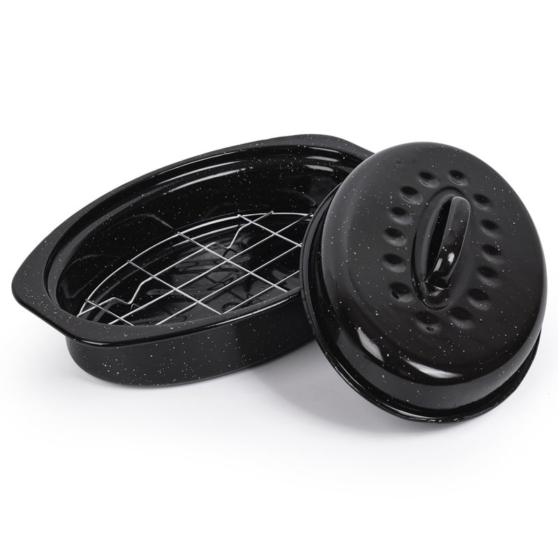 YIDAZLE 13â€ Roaster Pan with Lid and Rack, Small Enamel Roaster Pan with Oval Roasting Rack, Granite Baking Pot for Chicken Turkey Lamb, Heat Resistant, Oven/Dishwasher/All Stovestops Compatible - Image 1