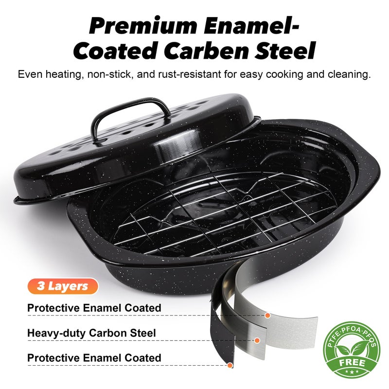 YIDAZLE 13â€ Roaster Pan with Lid and Rack, Small Enamel Roaster Pan with Oval Roasting Rack, Granite Baking Pot for Chicken Turkey Lamb, Heat Resistant, Oven/Dishwasher/All Stovestops Compatible - Image 4