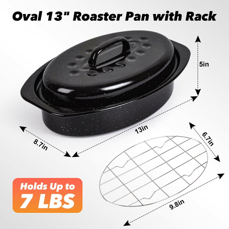 YIDAZLE 13â€ Roaster Pan with Lid and Rack, Small Enamel Roaster Pan with Oval Roasting Rack, Granite Baking Pot for Chicken Turkey Lamb, Heat Resistant, Oven/Dishwasher/All Stovestops Compatible - Image 2