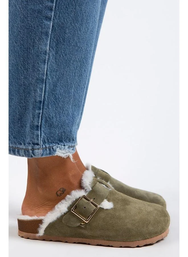 Zeta Fur-Lined Women's Genuine Leather Buckled Belted Fur-Lined Khaki Suede Slippers - Khaki