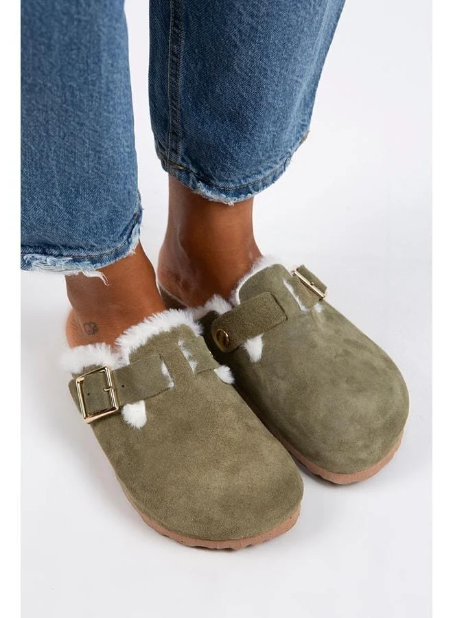 Manijero  Zeta Fur-Lined Women's Genuine Leather Buckled Belted Fur-Lined Khaki Suede Slippers - Khaki for Women | Best Price UAE