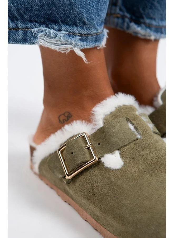 Manijero  Zeta Fur-Lined Women's Genuine Leather Buckled Belted Fur-Lined Khaki Suede Slippers - Khaki for Women | Best Price UAE