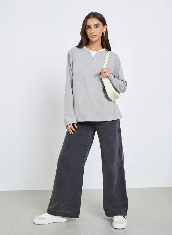Styli Grey Oversized Knit Contrast Neckline T-Shirt