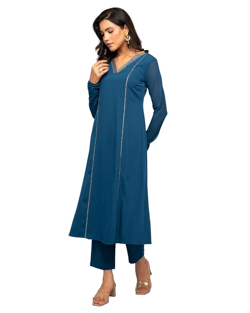 FIORRA Women's Teal Blue Crepe A-line Kurta with Pant and Dupatta - Image 3
